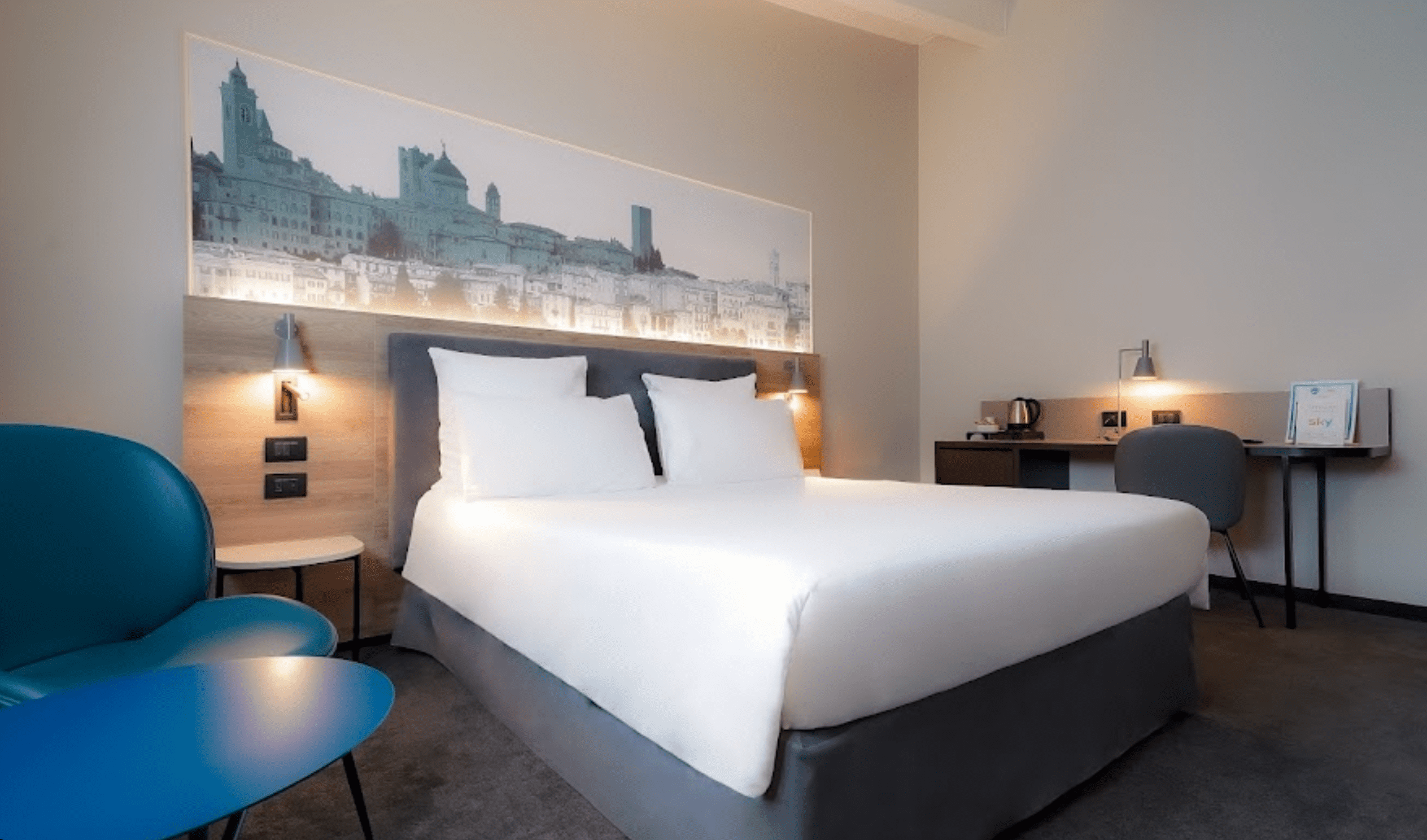 Modern hotel room with city view