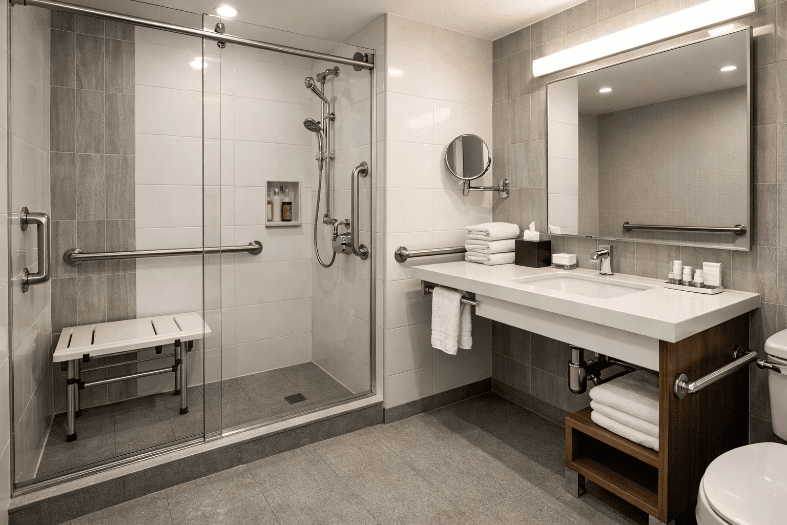 accessible hotel bathroom with walk in shower for senior travellers