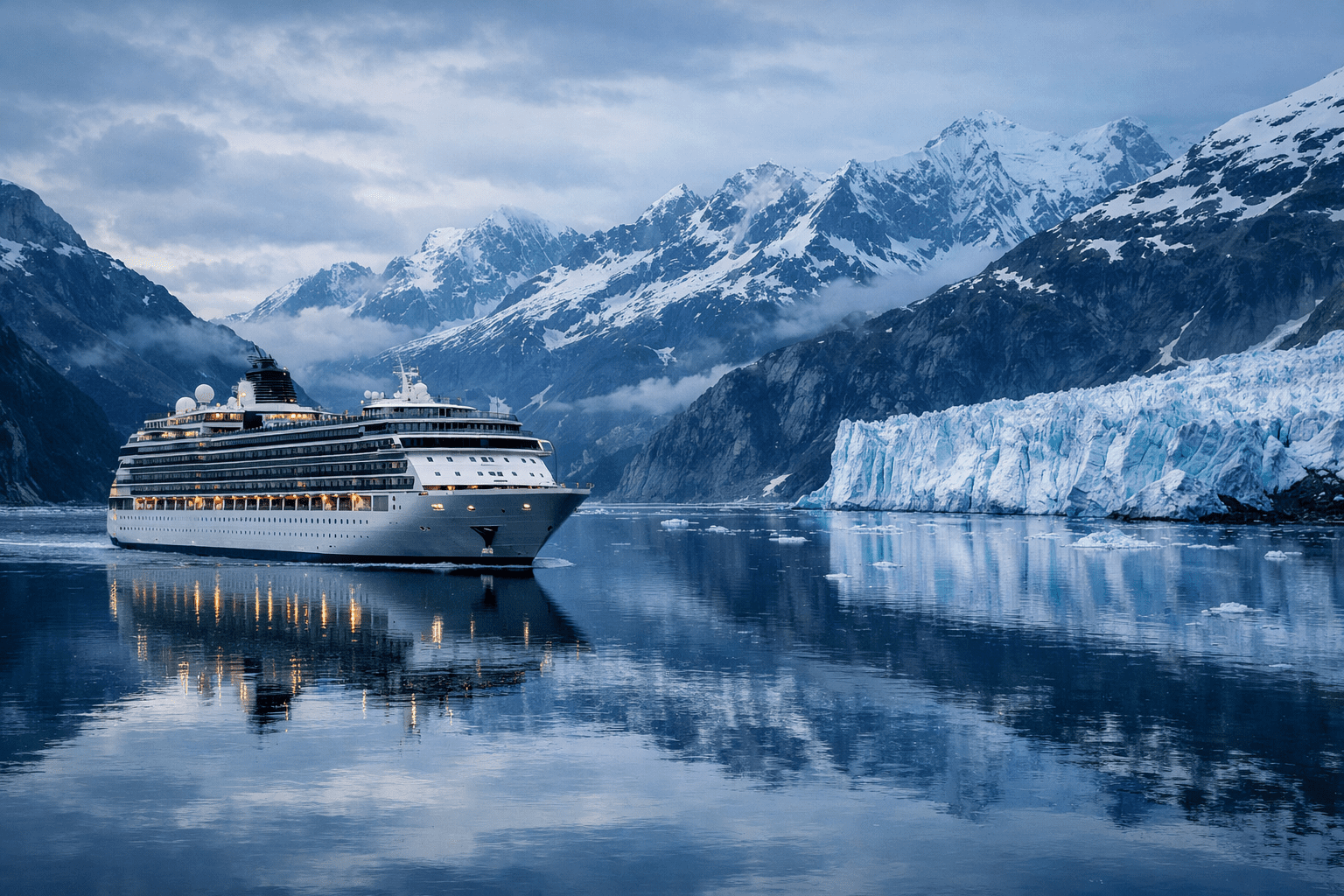 alaska cruise ship sailing near glaciers and snow covered mountains