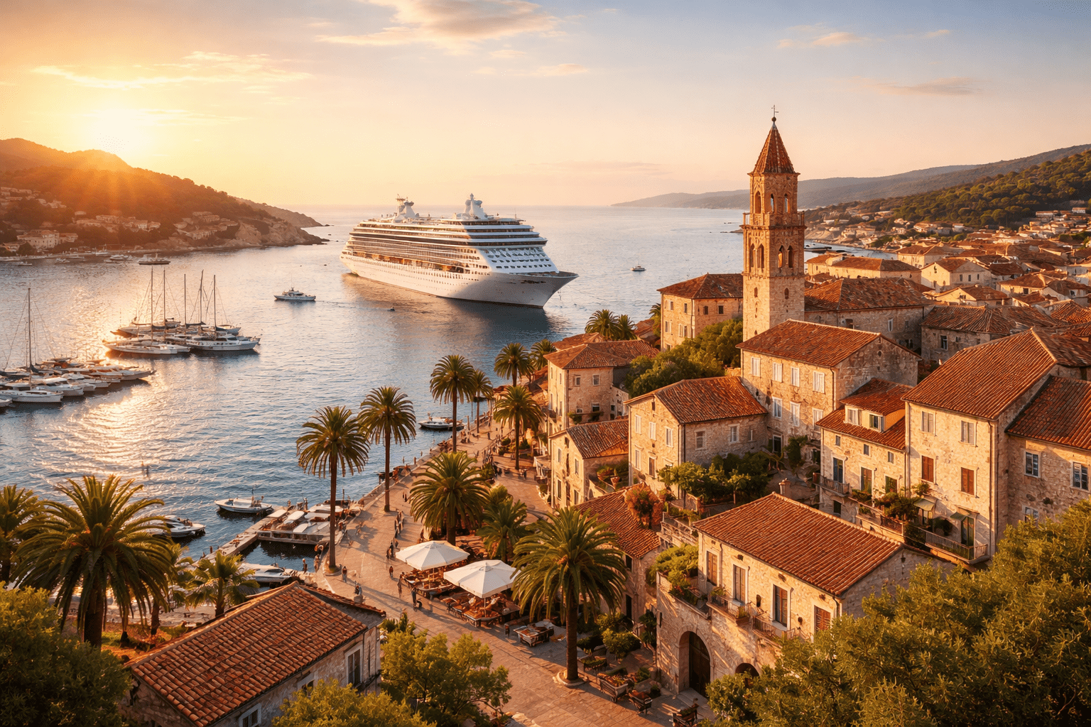 mediterranean cruise port with historic town and docked cruise ship