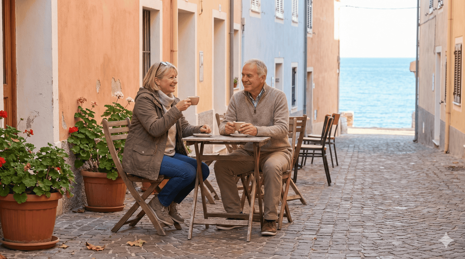 retired couple enjoying coffee at a cafe in southern europe