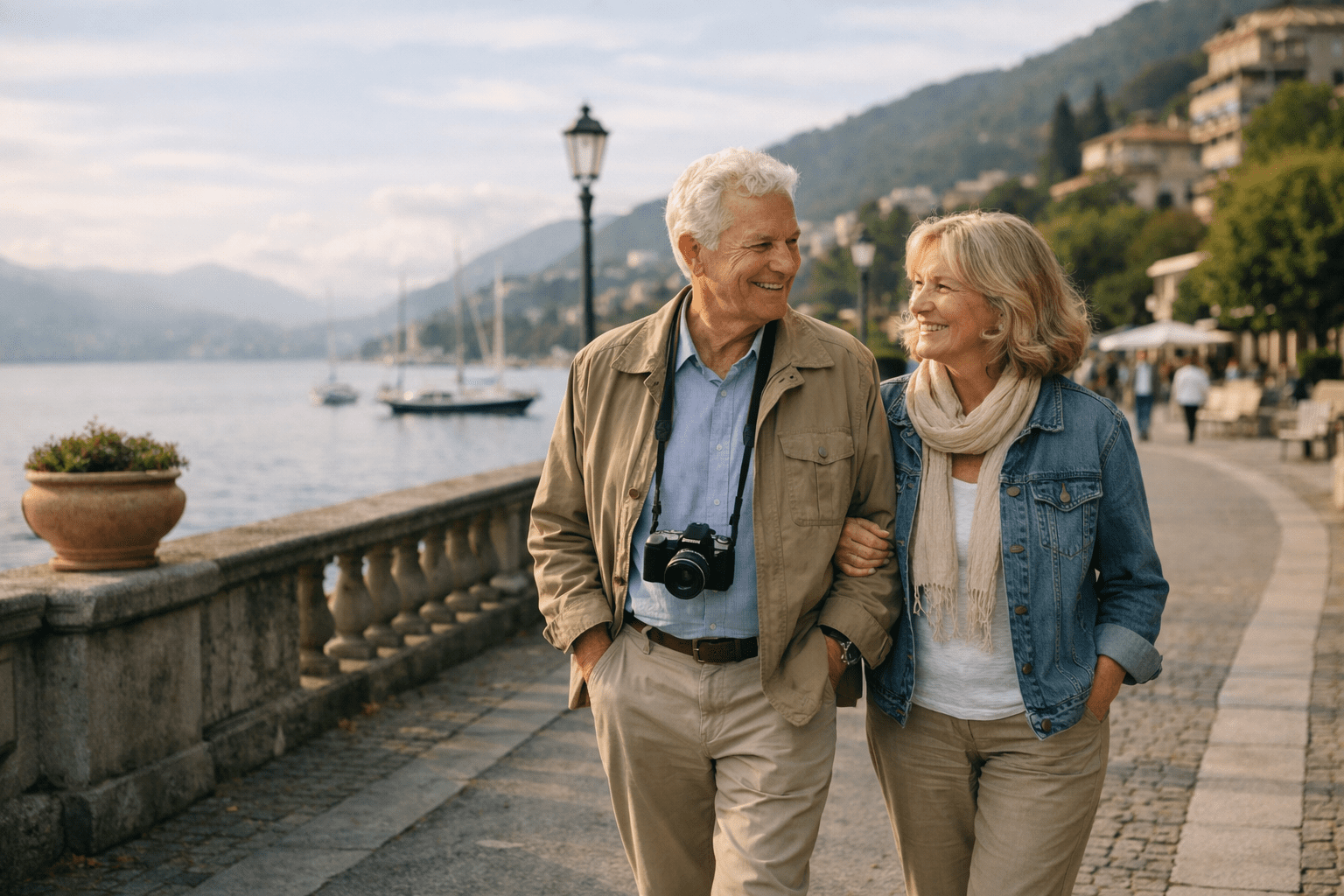 senior couple enjoying relaxed travel by the waterfront
