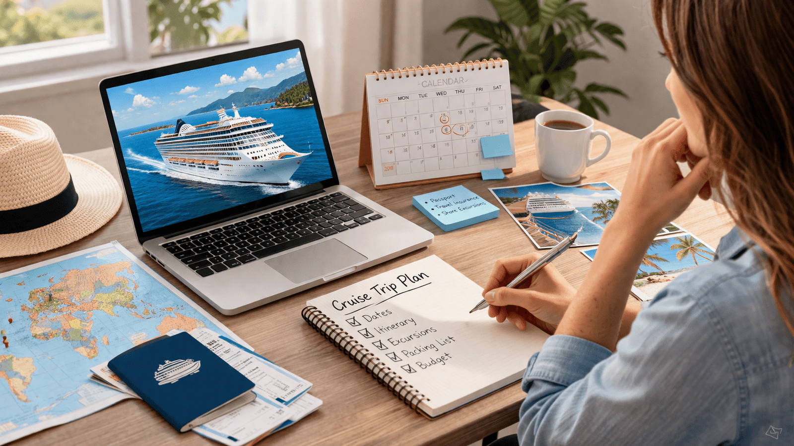traveller planning cruise dates using calendar and laptop
