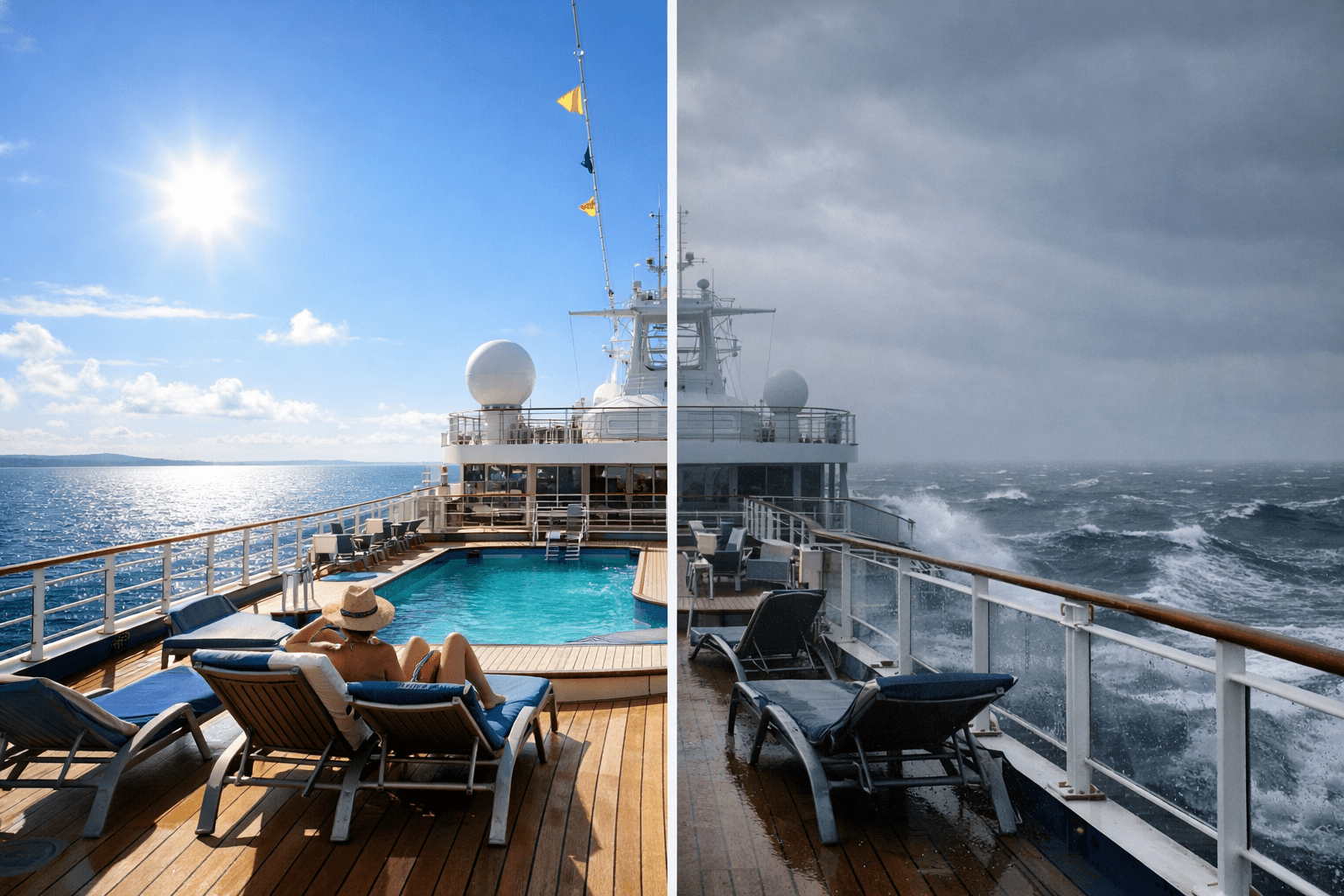 cruise ship comparison showing calm summer seas and rough weather conditions