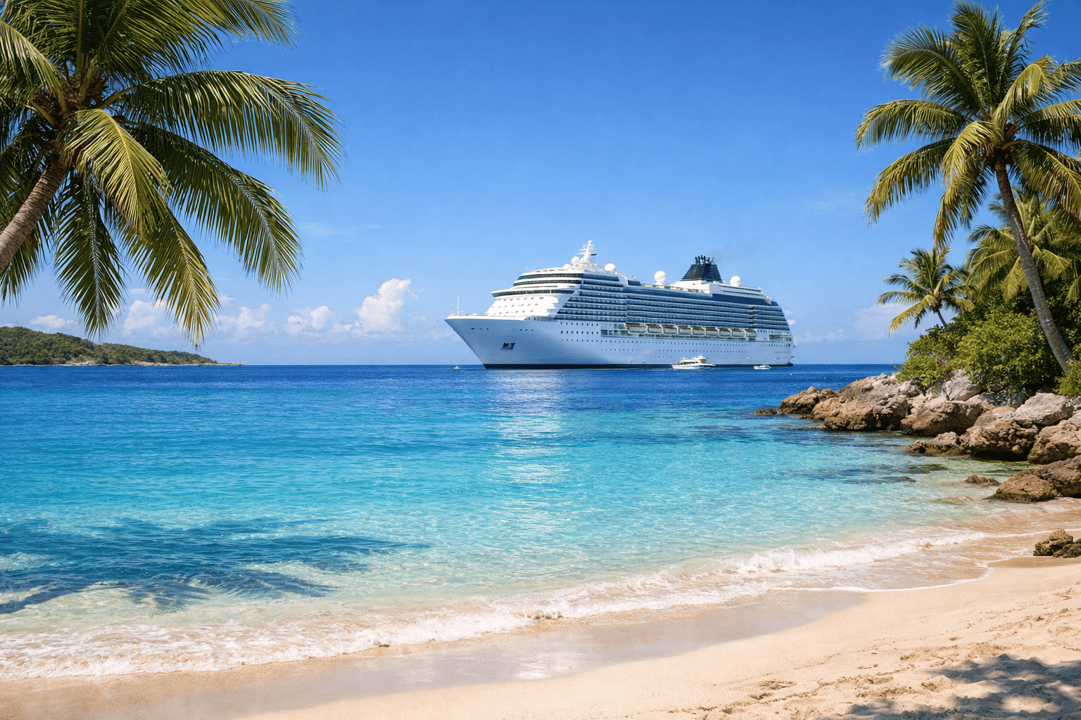 caribbean cruise destination with turquoise water and ship anchored offshore