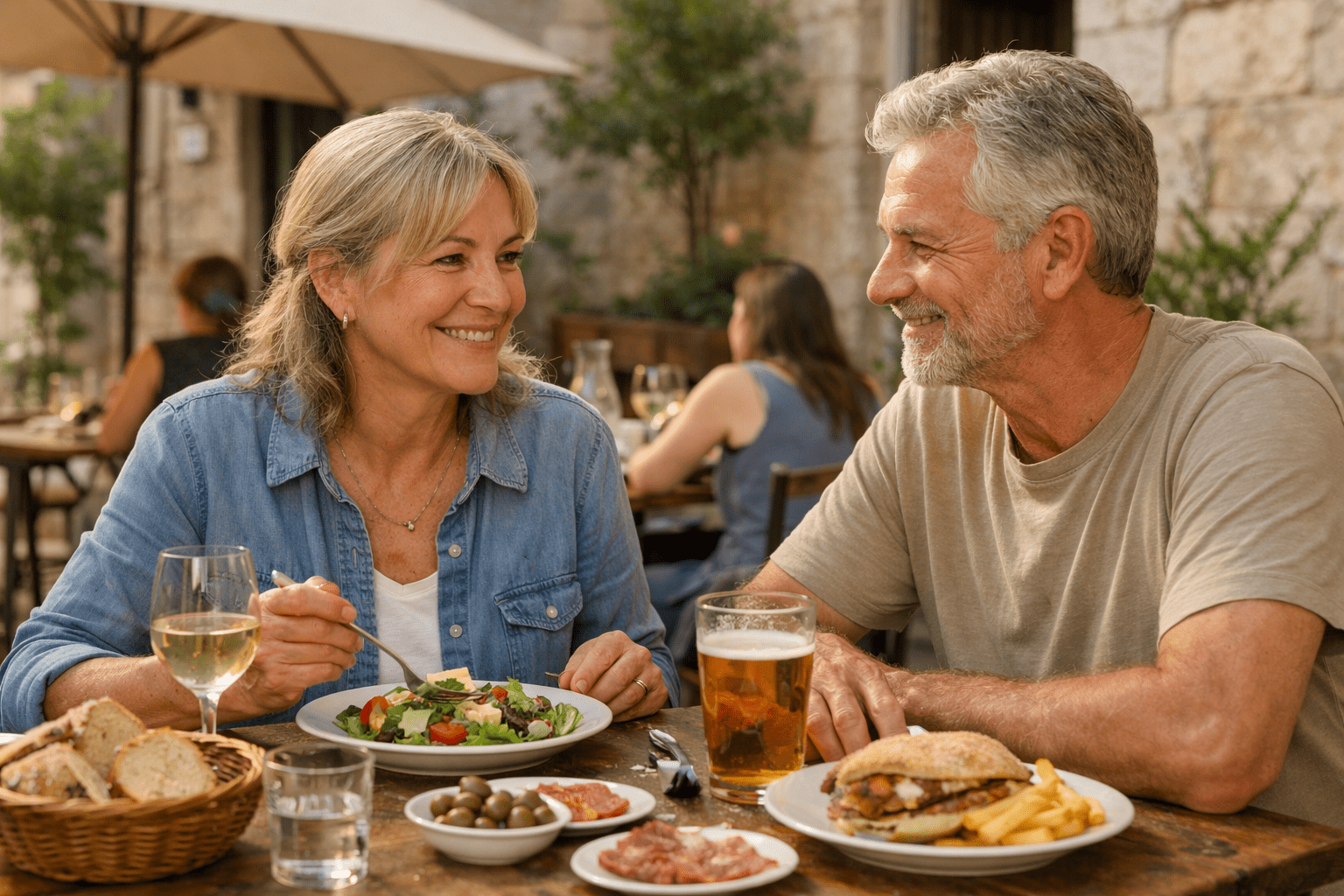 Mature couple enjoying simple affordable romantic meal while travelling