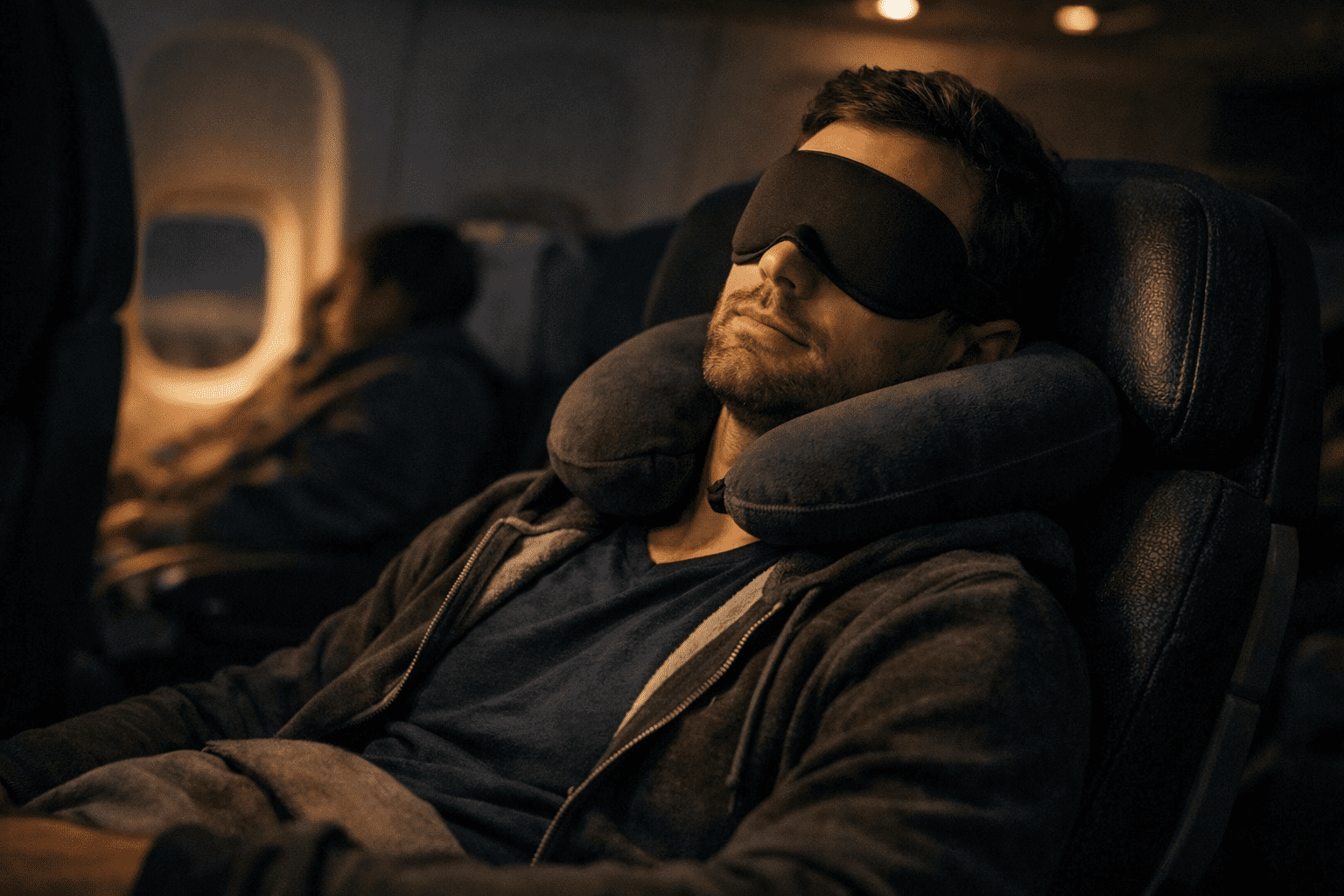 sleeping on a long haul flight using eye mask and neck pillow