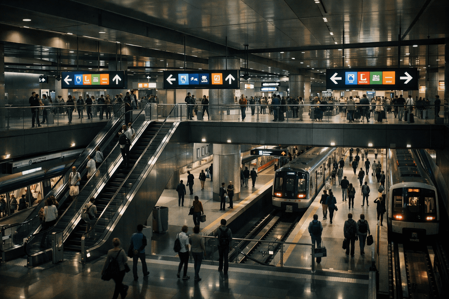 busy metro station showing different transport lines in a foreign city
