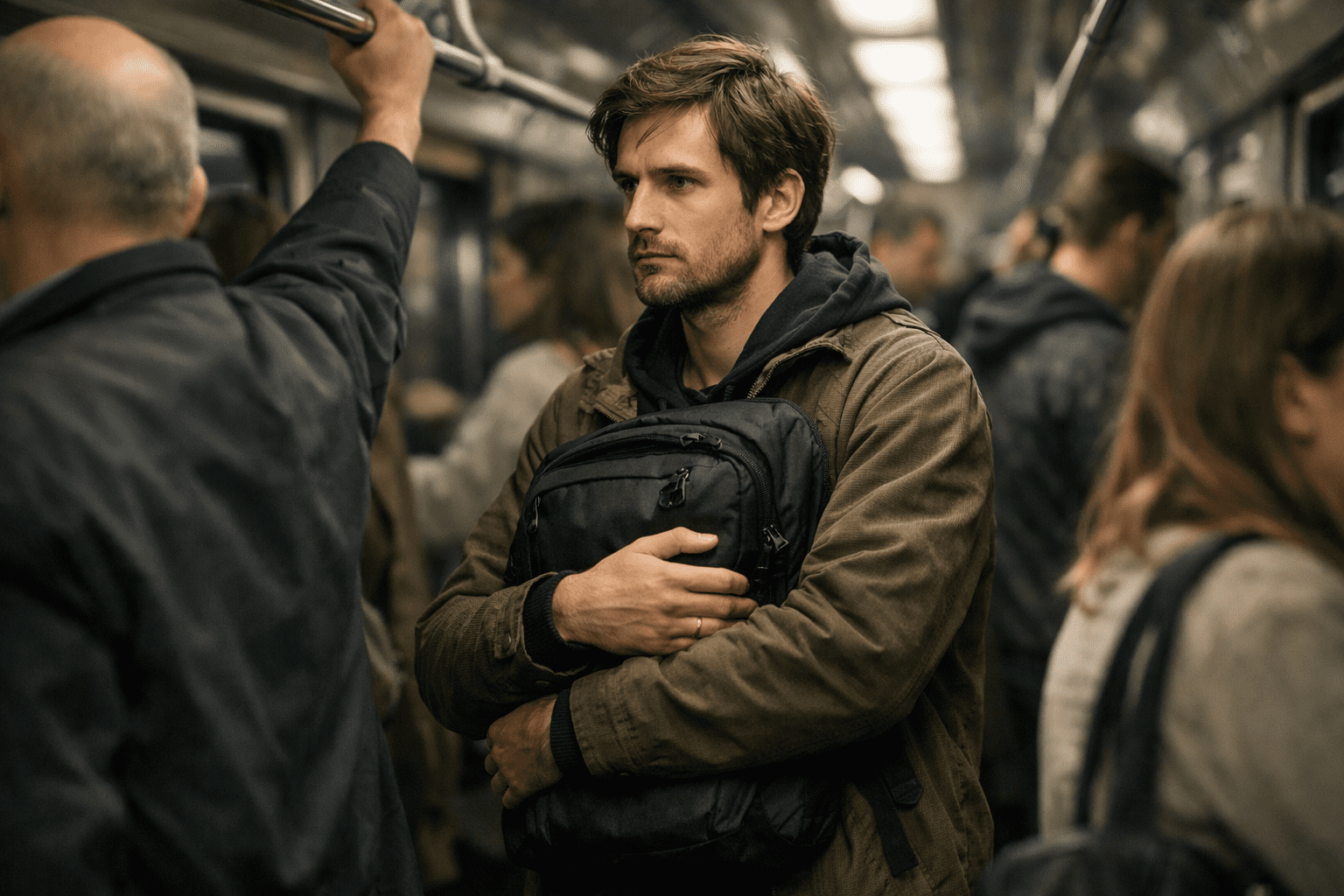 traveller staying aware of surroundings on public transport
