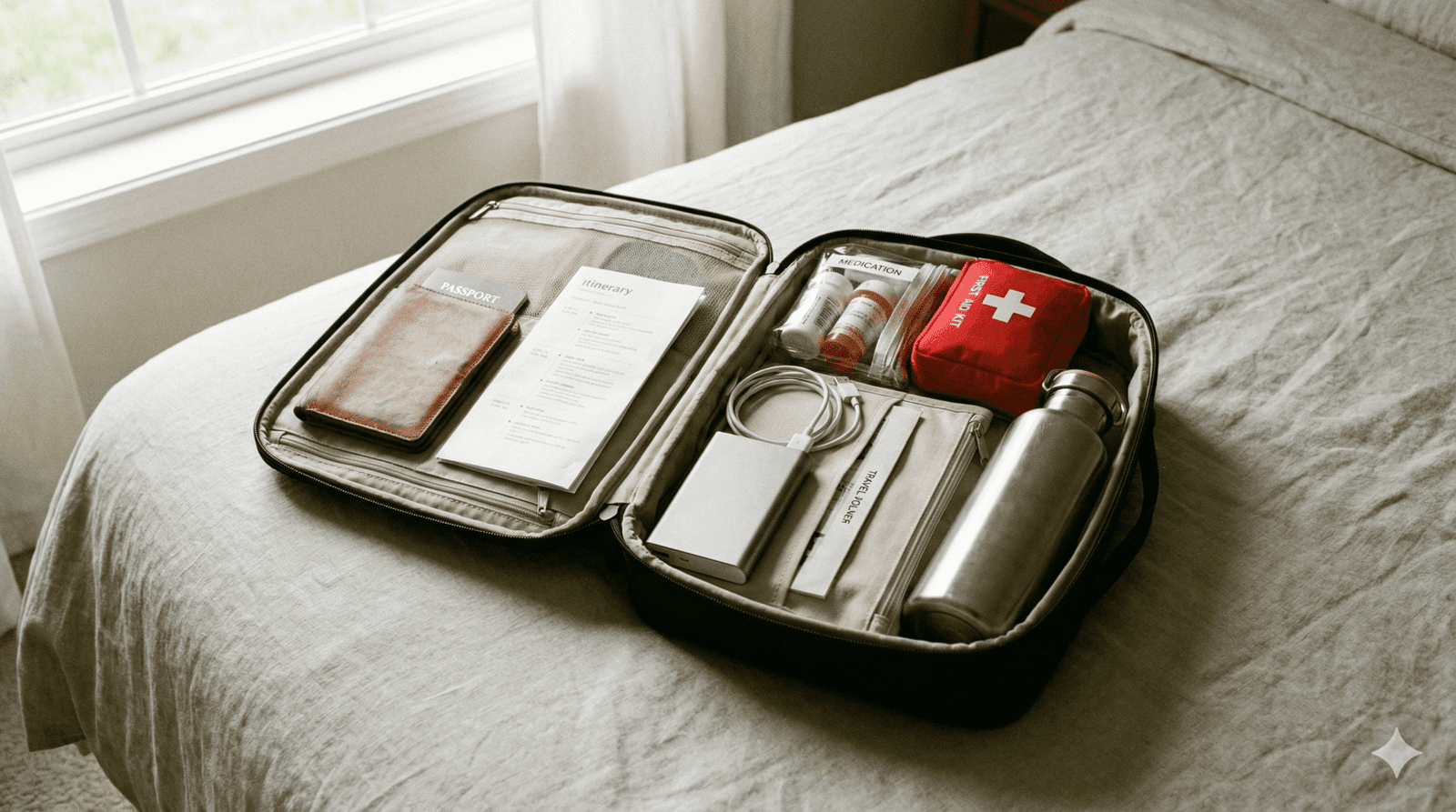 organized carry-on bag opened on a bed