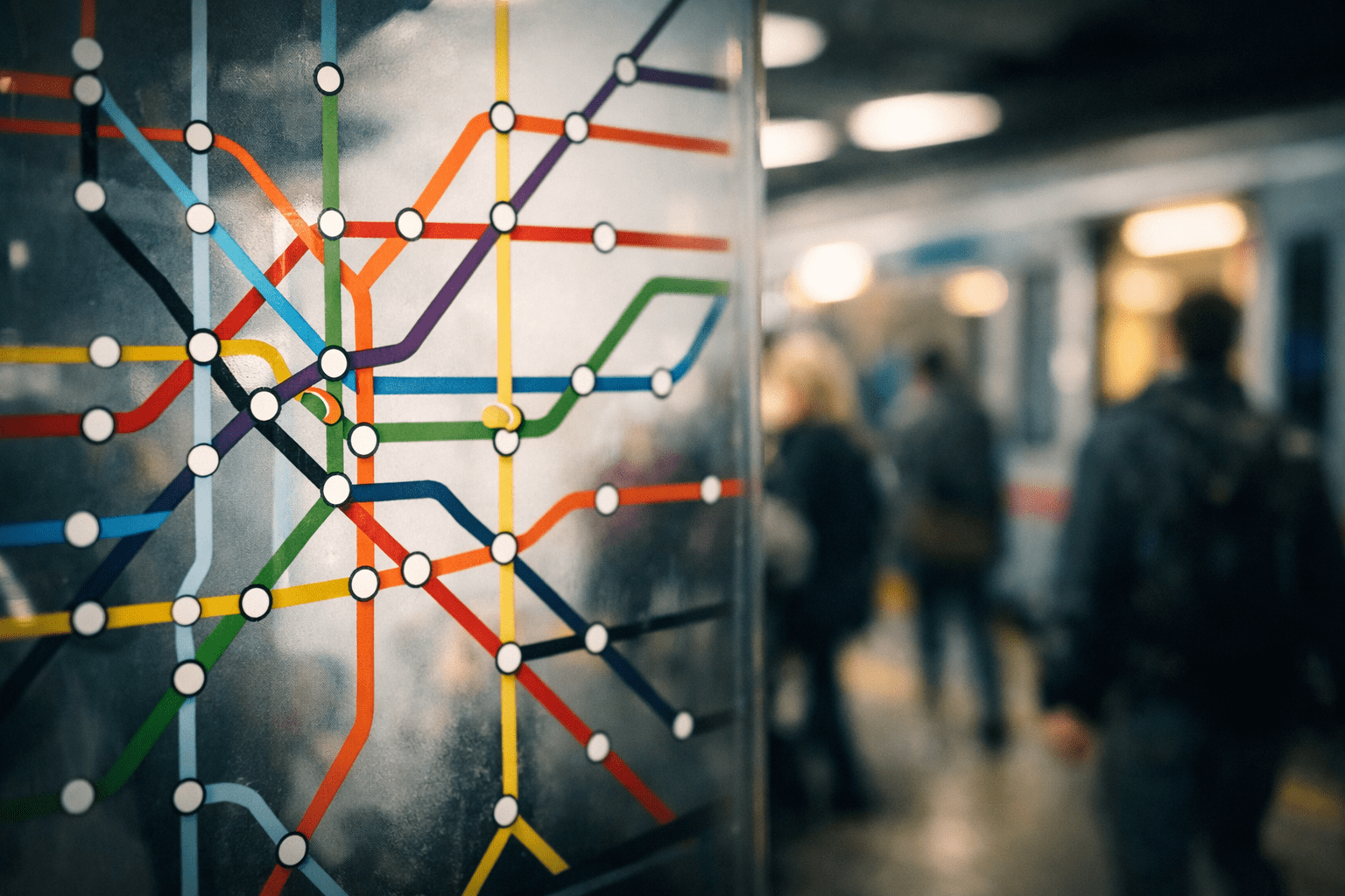 metro map with coloured lines used for navigating public transport