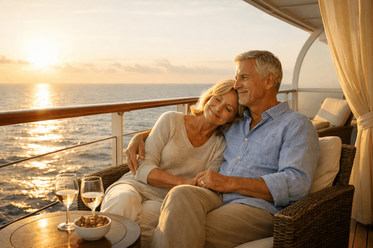 senior couple relaxing on luxury cruise balcony with ocean view