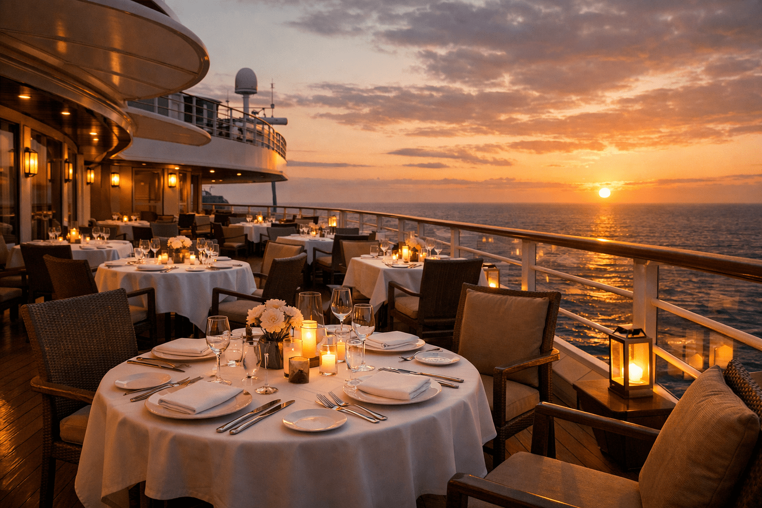 Outdoor dining area on a cruise ship overlooking the ocean at sunset