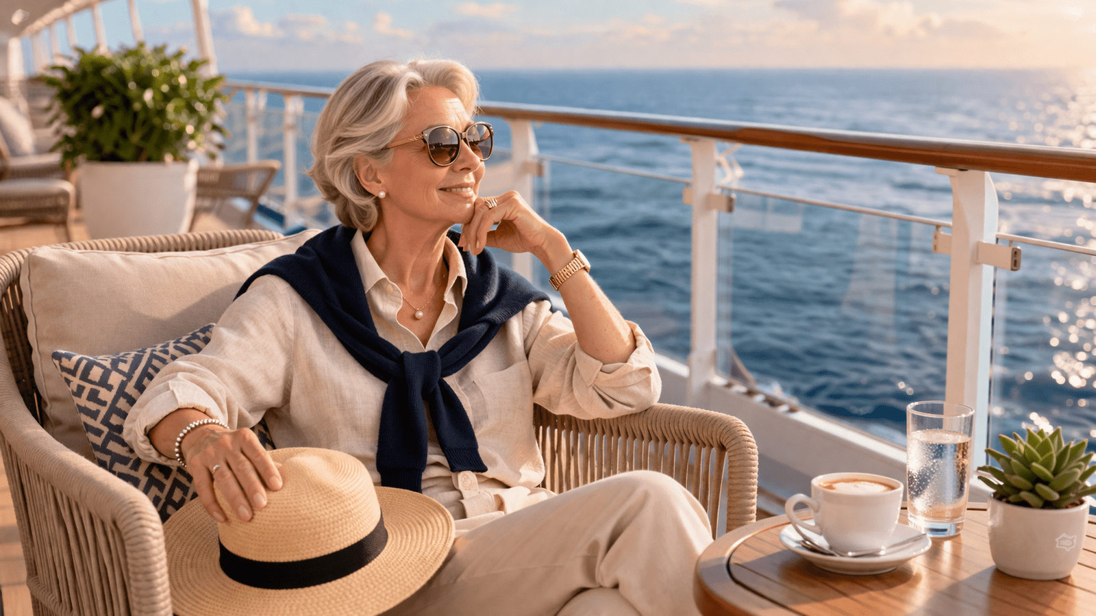 mature solo traveller relaxing on a luxury cruise ship deck with ocean view
