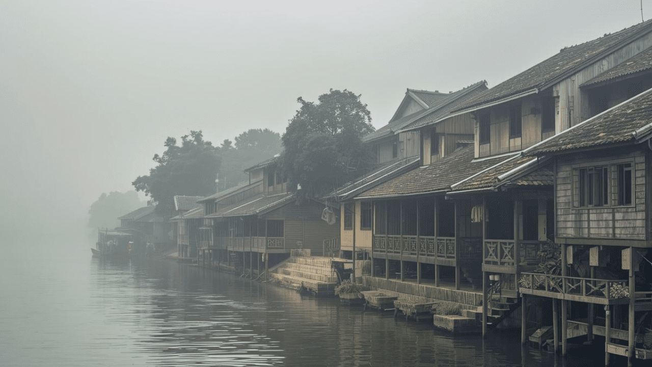 Quiet riverside town in Asia with traditional houses and calm water, illustrating a slower pace of travel