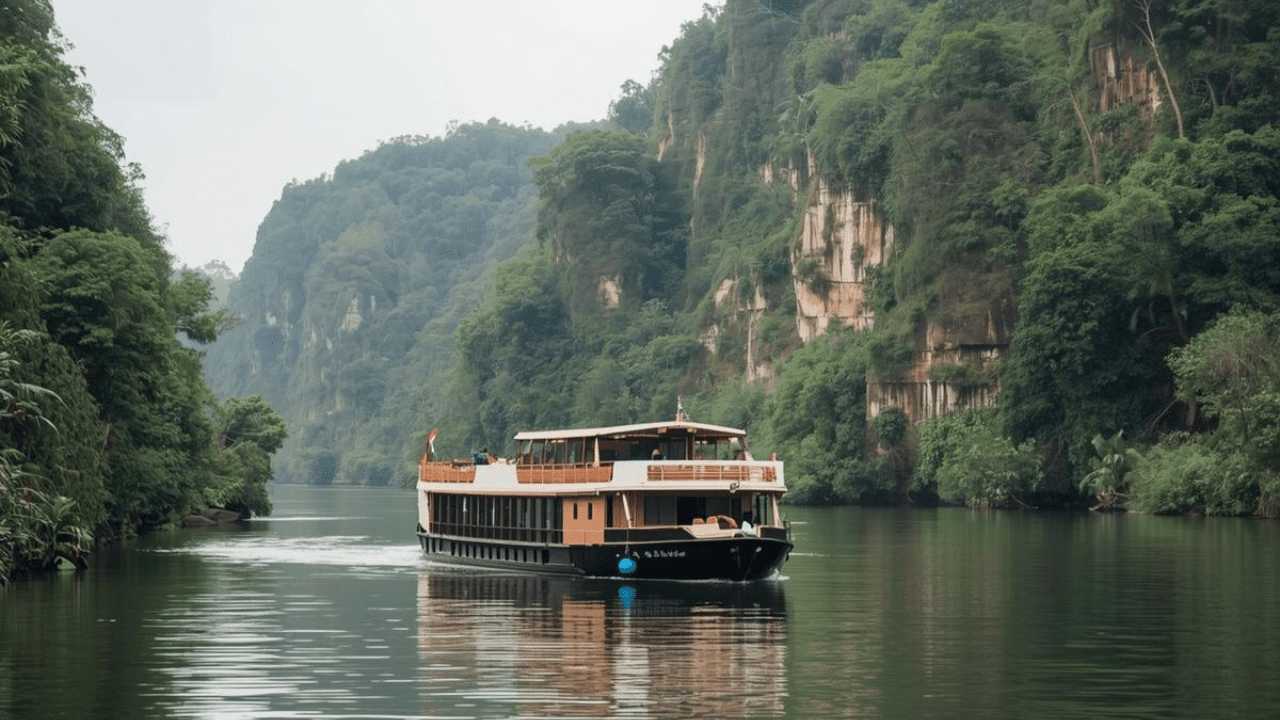 Small river cruise ship sailing through calm green river scenery in Asia