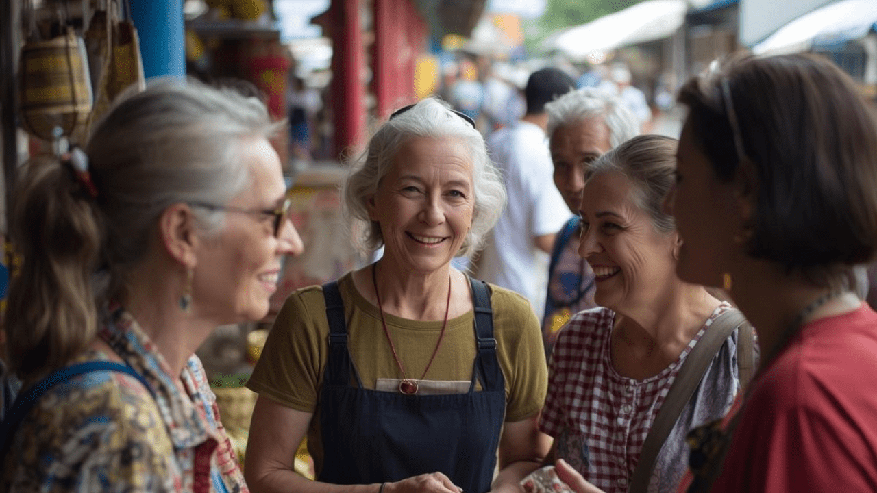 Senior travellers enjoying a small-group cultural experience at a local Asian market, highlighting relaxed and affordable shore excursions