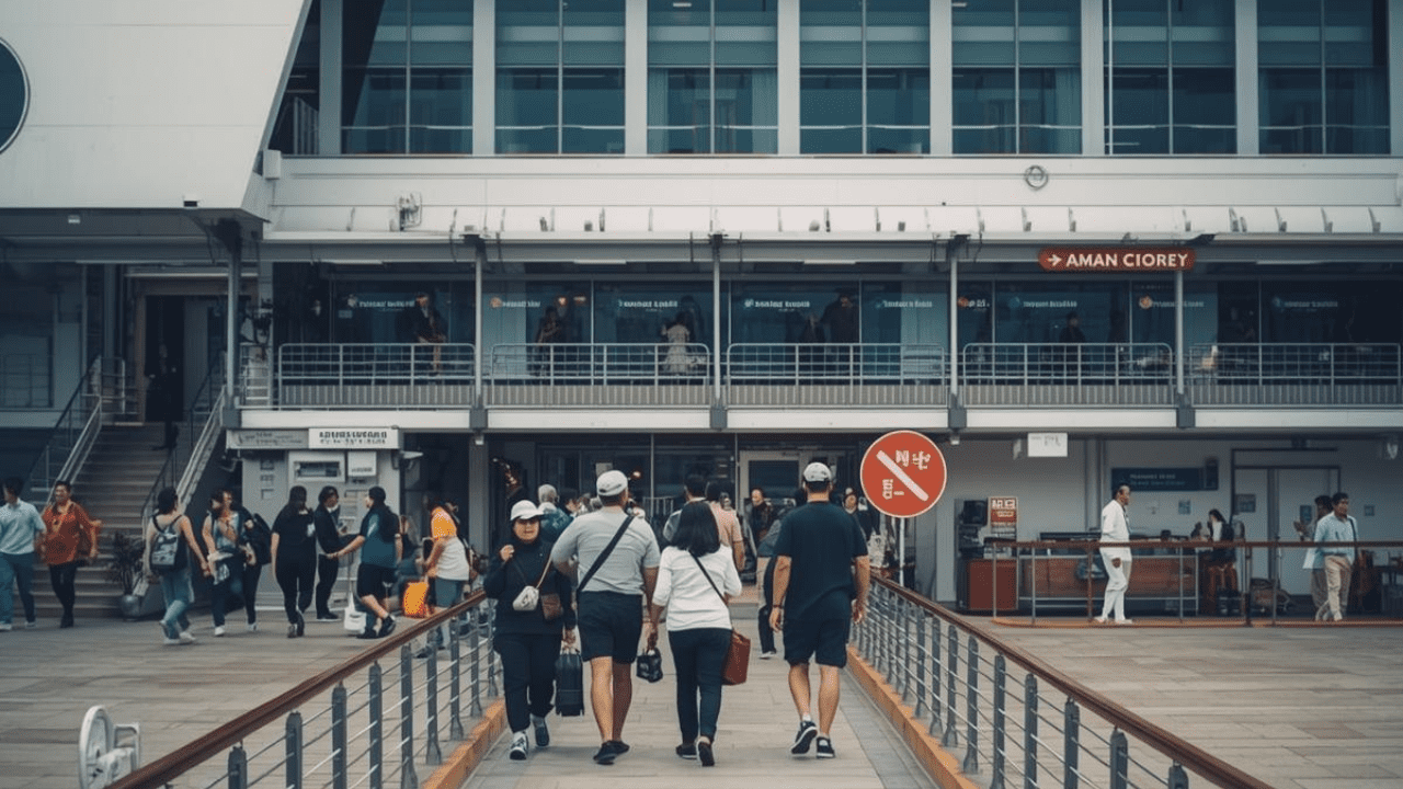 Cruise passengers walking through an organised Asian port terminal during arrival procedures