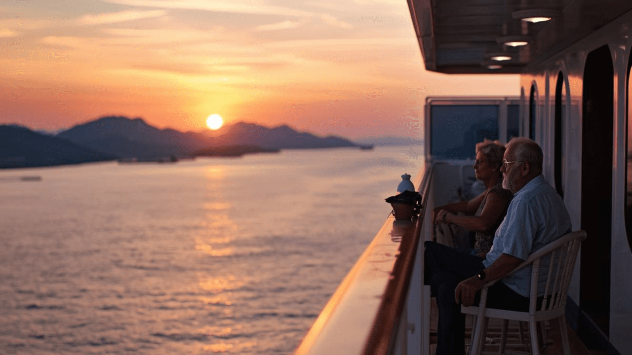 Senior couple relaxing on a cruise ship balcony at sunset during an Asian voyage
