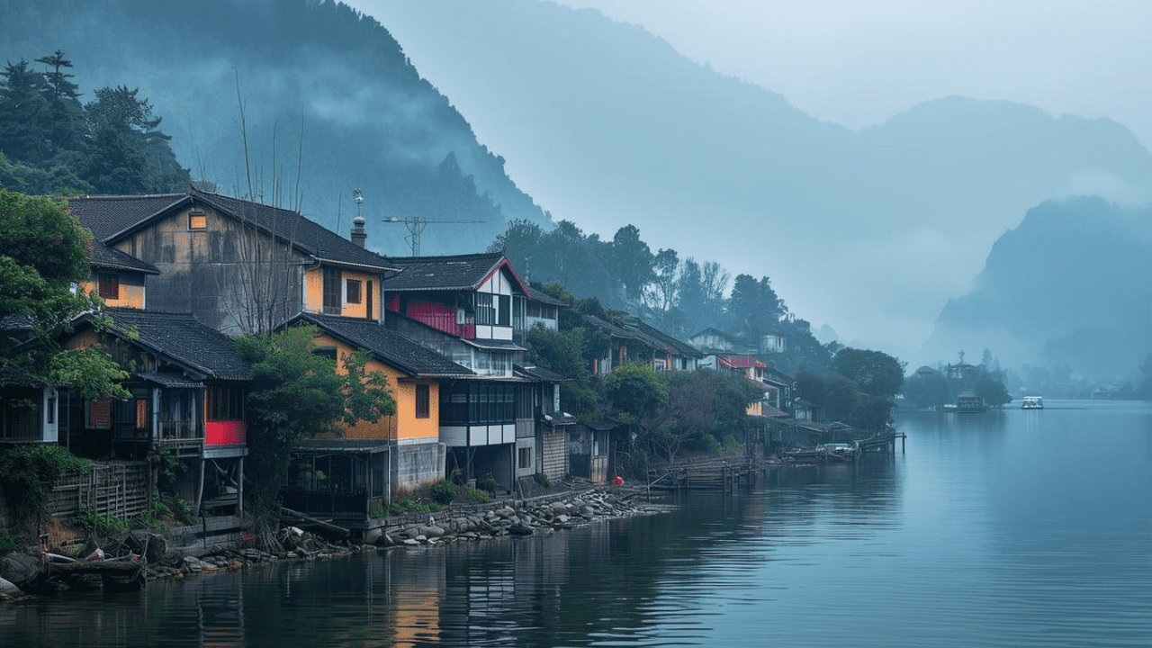 Quiet riverside village along the Mekong River illustrating the gentle pace of travel for seniors