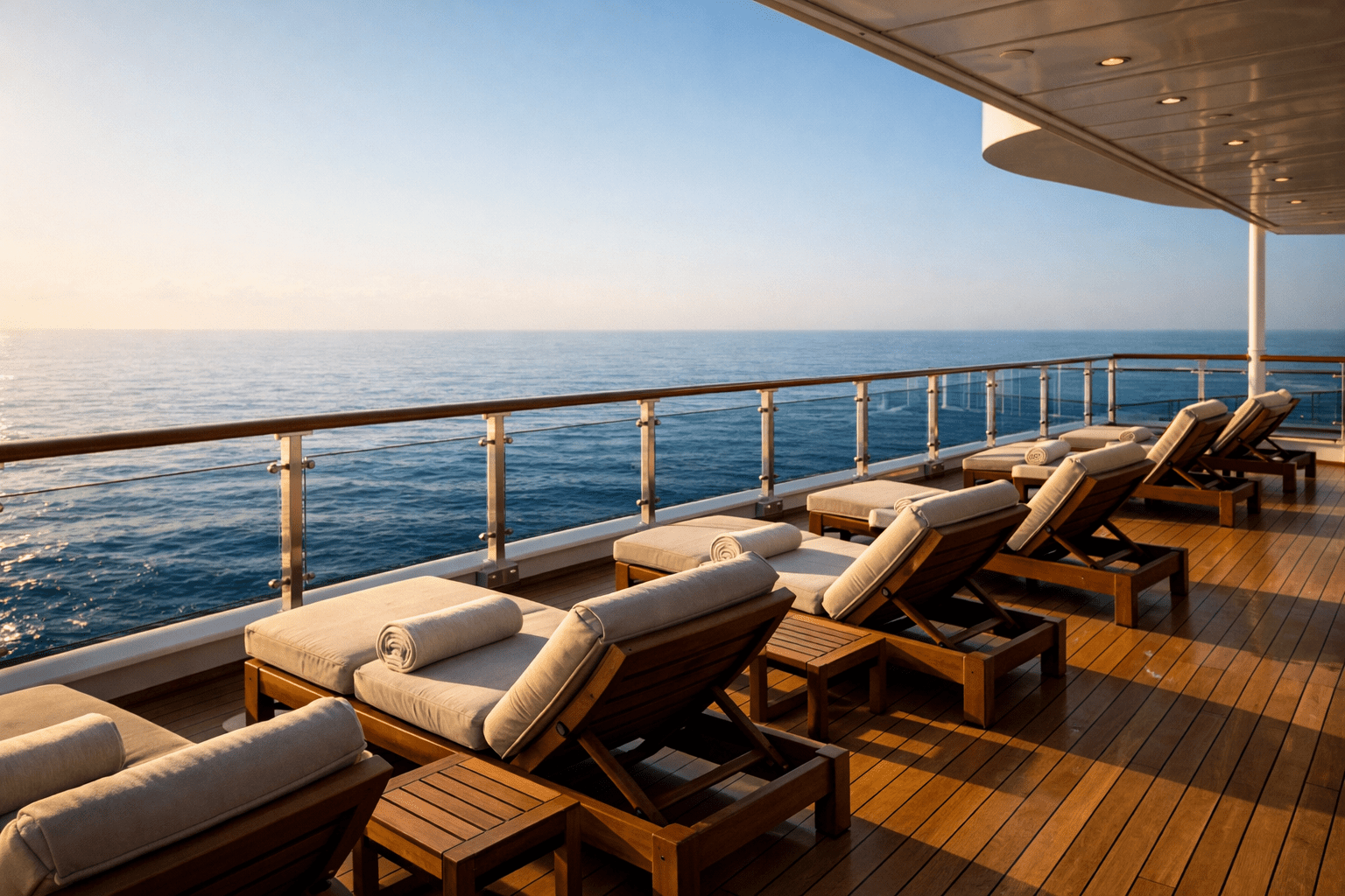 Relaxing cruise ship deck with ocean views on a calm sea day