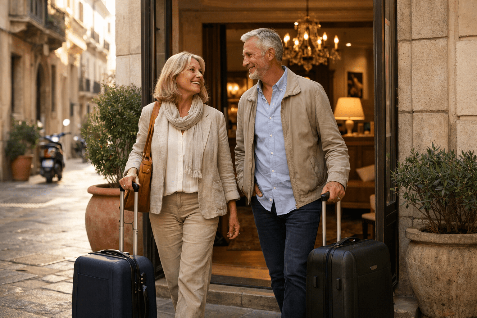 mature couple arriving at boutique hotel before cruise in European city