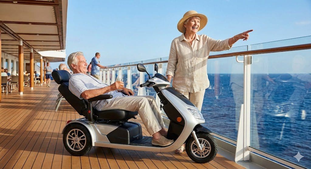 Senior couple enjoying an accessible cruise vacation on a ship deck with a mobility scooter.