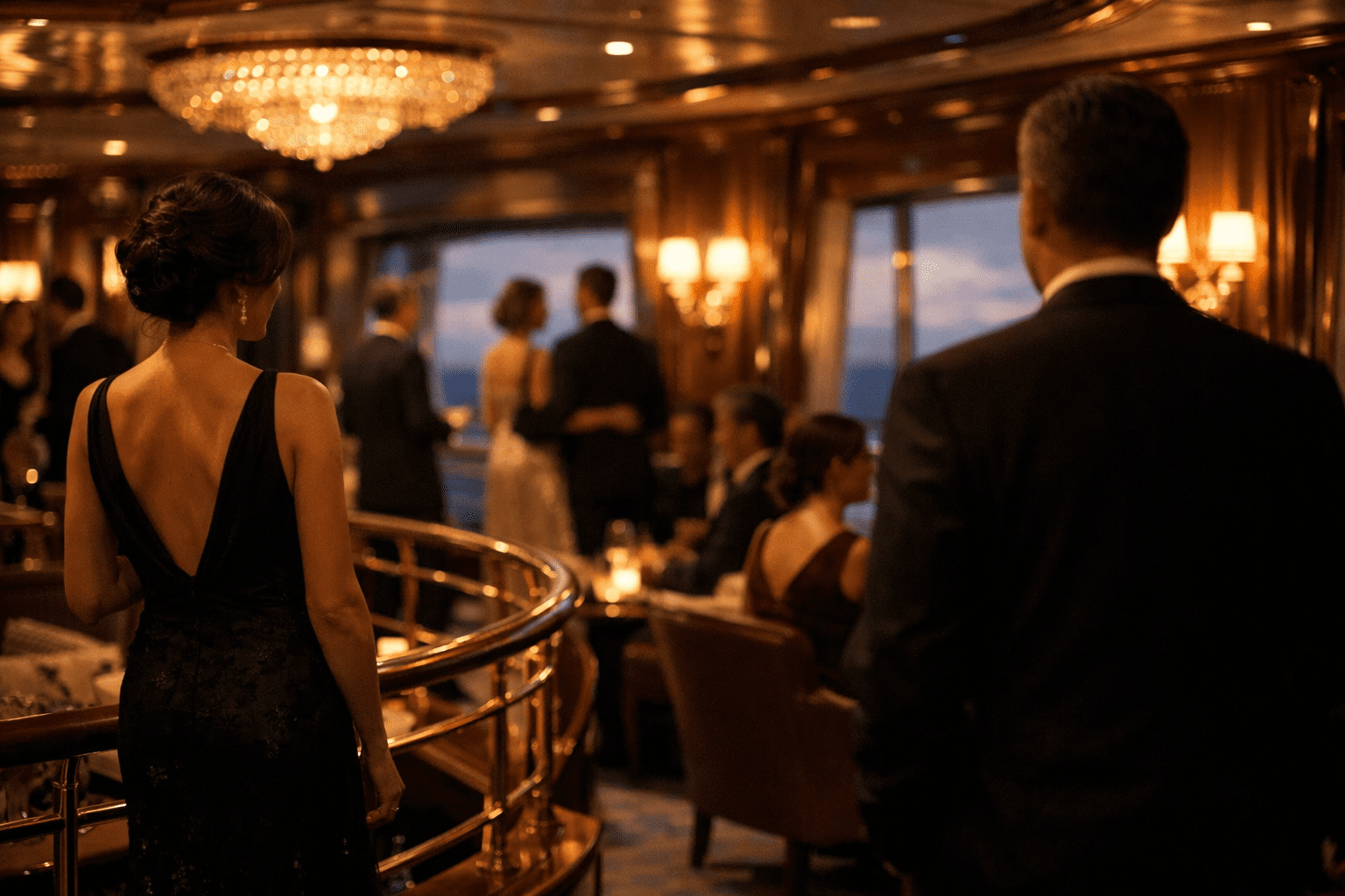 Cruise passengers dressed in formal attire during an elegant evening onboard