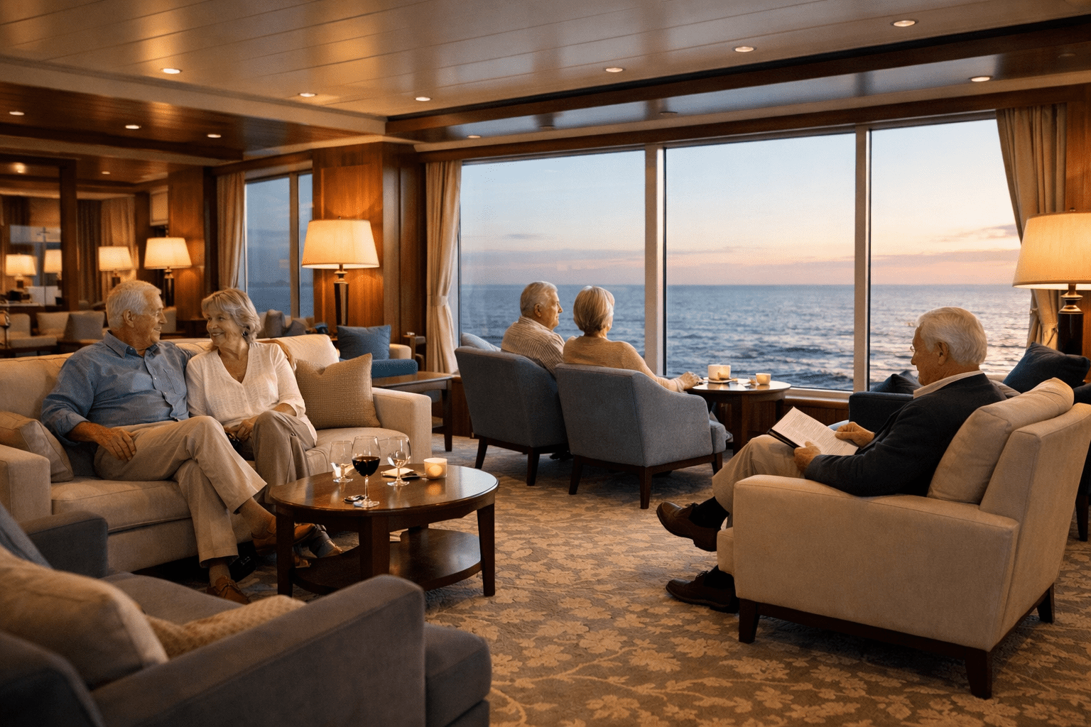 seniors relaxing in lounge on asian ocean cruise ship