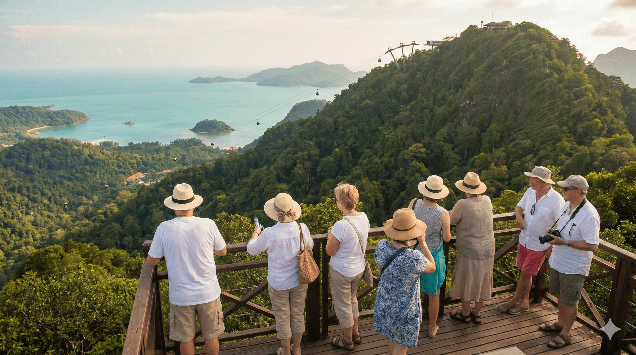 Langkawi island tropical coastline with cable car and mountain views