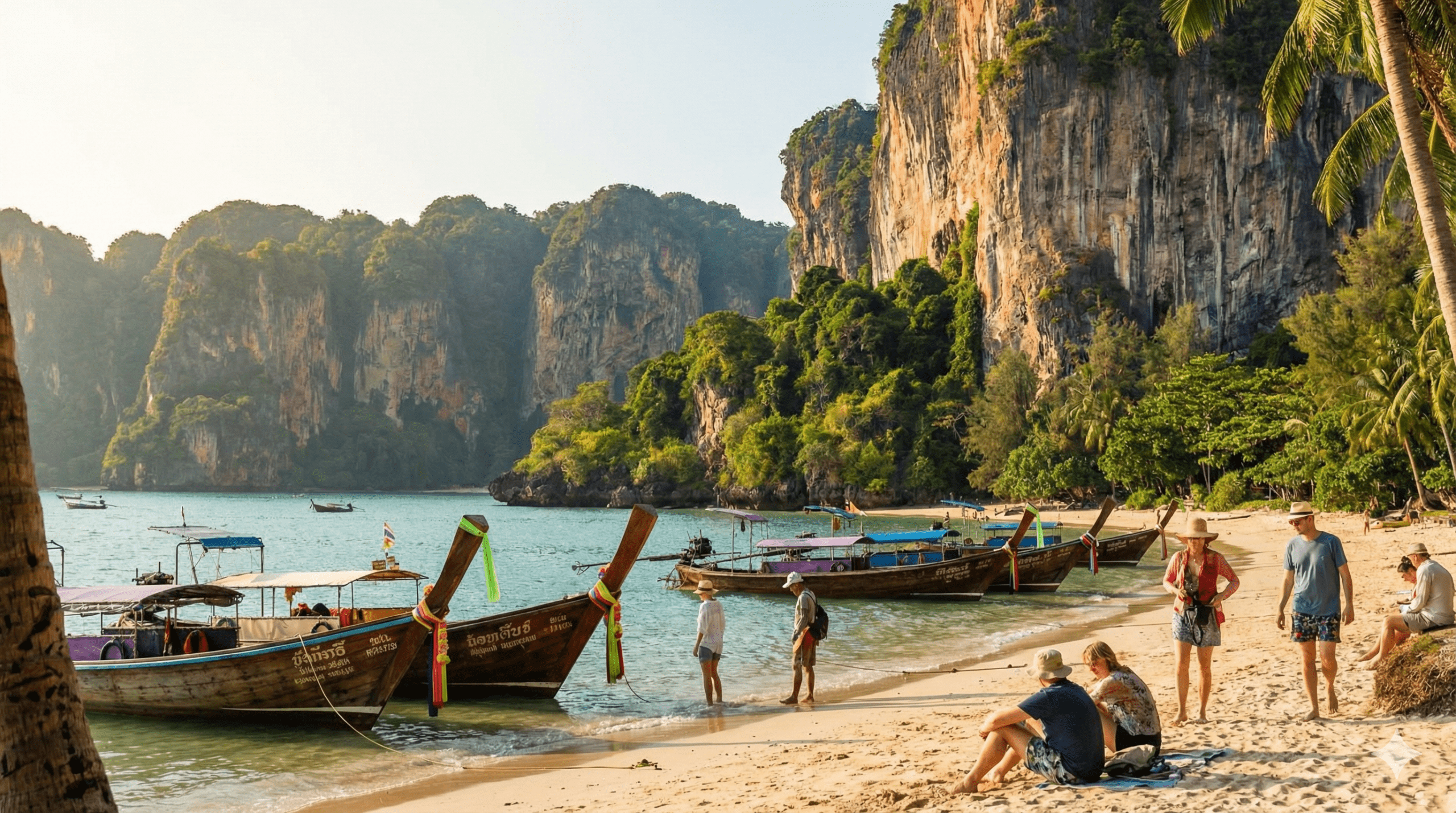 Krabi coastline with dramatic limestone cliffs rising from turquoise sea, longtail boats and relaxed travellers enjoying scenic coastal views
