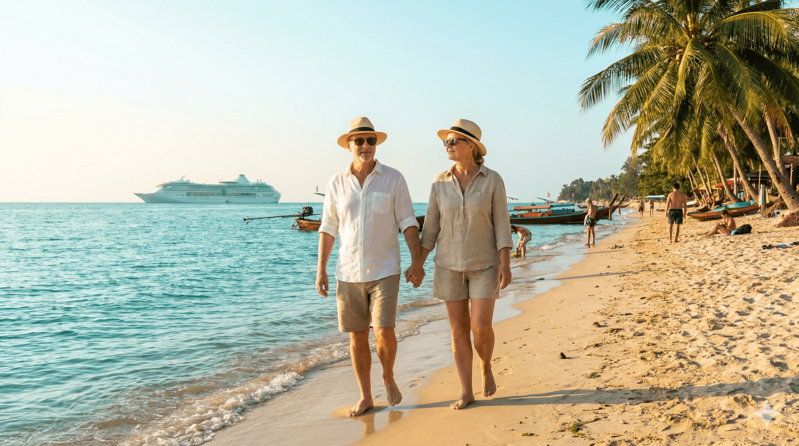 Relaxed mature travellers walking along tropical beach in Koh Samui with turquoise water and palm trees