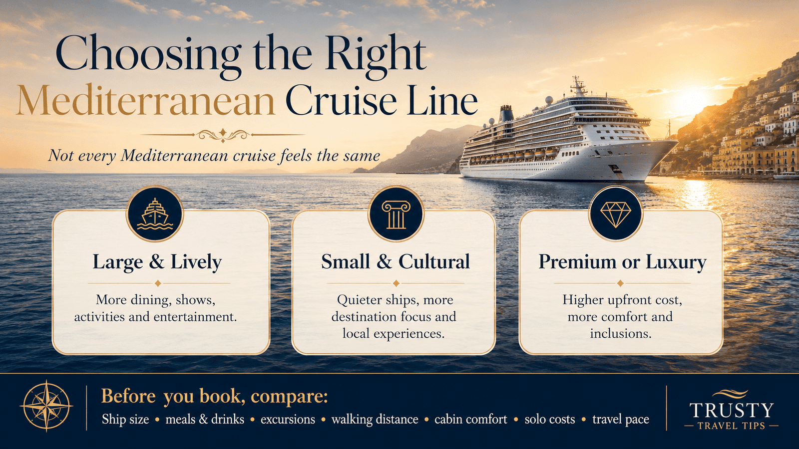 Mediterranean cruise lines for seniors comparison infographic showing large ships, small ships, luxury value and key booking factors